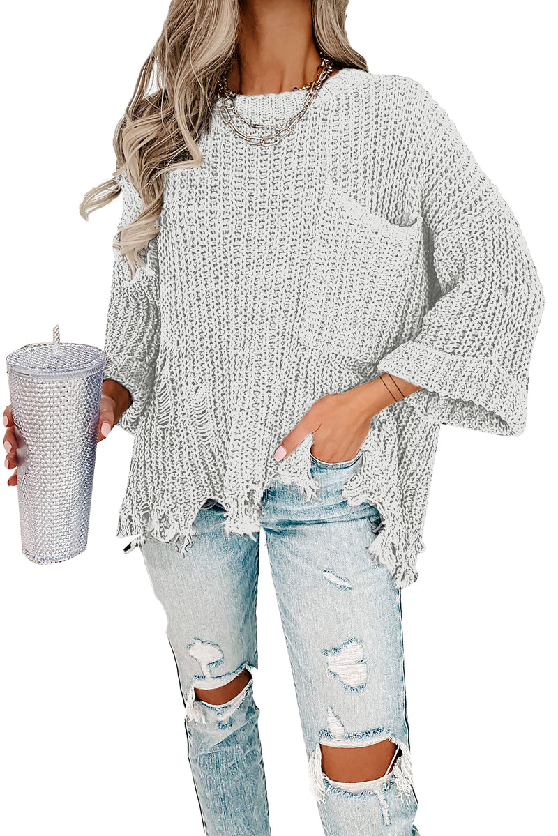 White Ripped Raw Hem Chunky Pullover Sweater