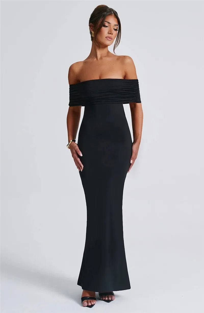 Mozision Strapless Backless Sexy Maxi Dress For Women Black Solid Off-shoulder Sleeveless Bodycon Club Party Long Dress Elegant