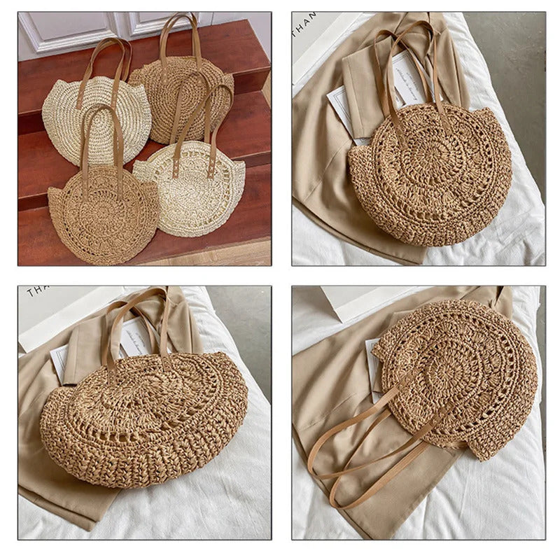 Summer Round Straw Women Vacation Woven Beach Shoulder Bag Large Capacity Hollow Out Simple Tote Bag