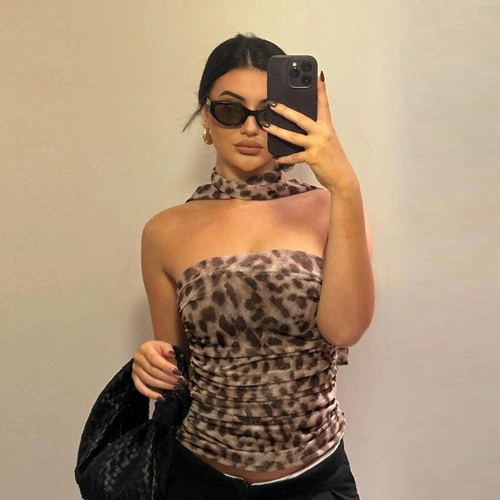 Women Tulle Leopard Print Top with Bandeau Off-the-shoulder Straight-cut Neckline Summer Casual Girls for Summer Blouse