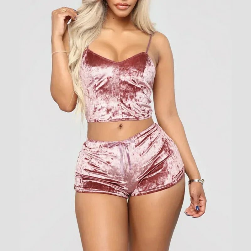 Women's Velvet Sleeveless V-neck Underwear Polyester Setcamisole+shorts Pajamas Set Comfortable Home Clothes Top Pants