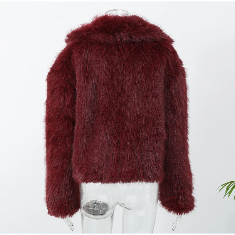 Wine Red Fluffy Faux Fur Short Coat Women Elegant Full Sleeve Warm Lapel Jacket New Winter Woman Commuter Outerwear 2024