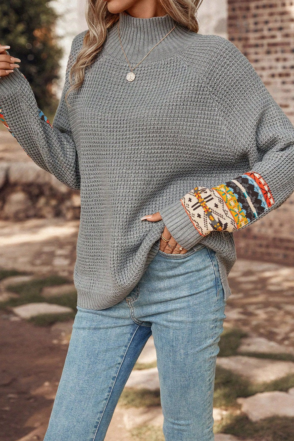 Gray Tribal Patch Raglan Sleeve High Neck Sweater