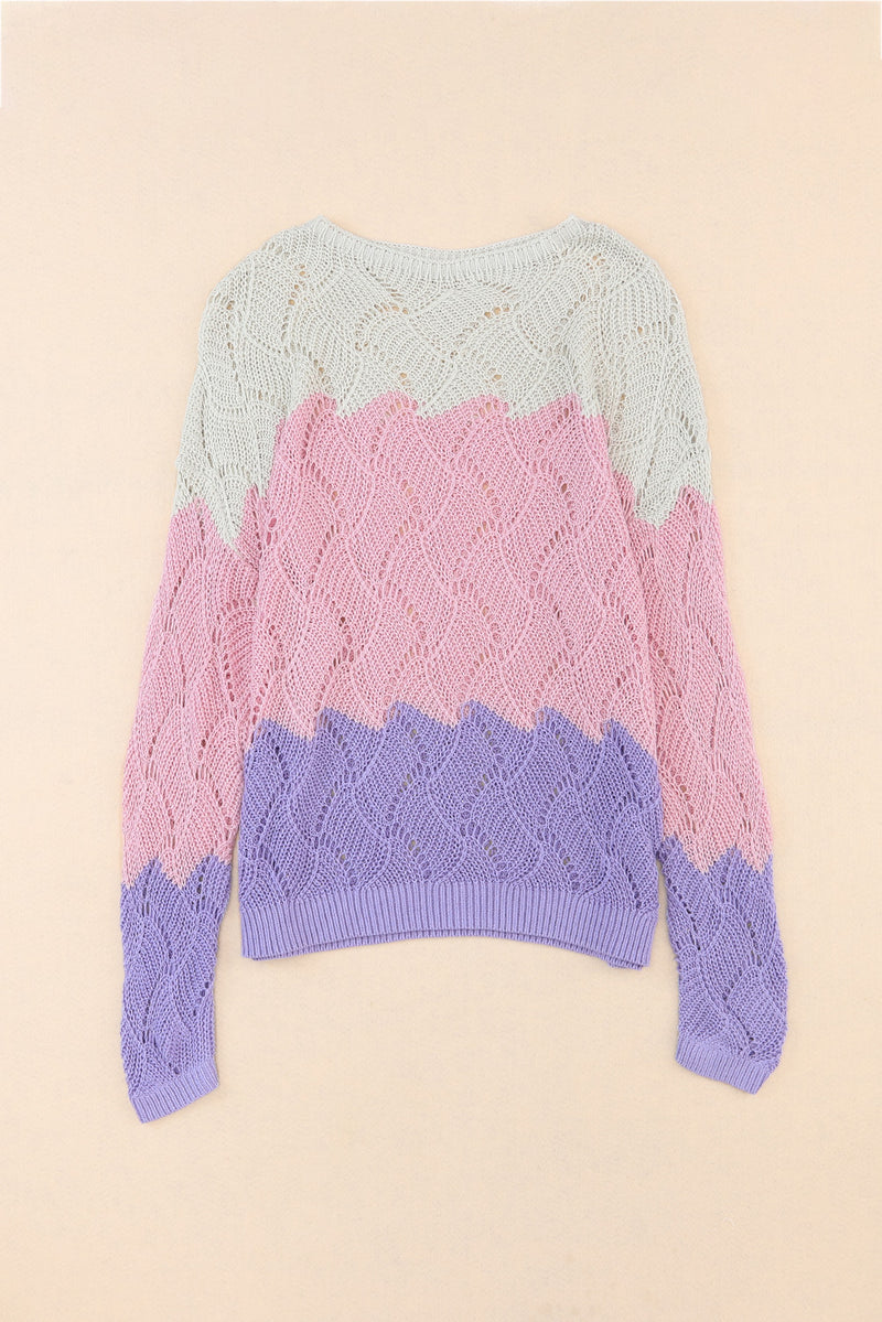 Pink Color Block Hollow Knitted Loose Sweater