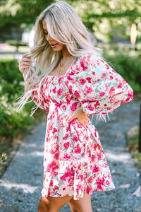 Women's Ruffle Tiered High Waist Puff Sleeve Floral Dress