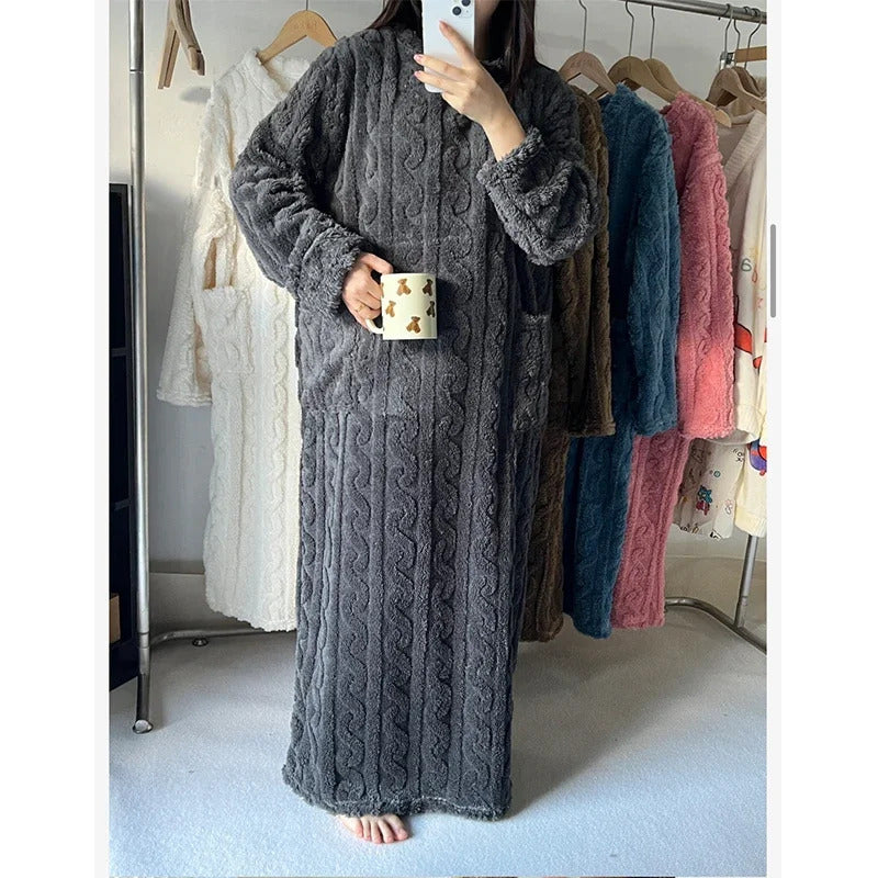 Winter Long Sleeve Double Pocket Flannel Nightgowns Women Loose Solid Sleepwear Jacquard Night Dress Thickened Warm Nightdress