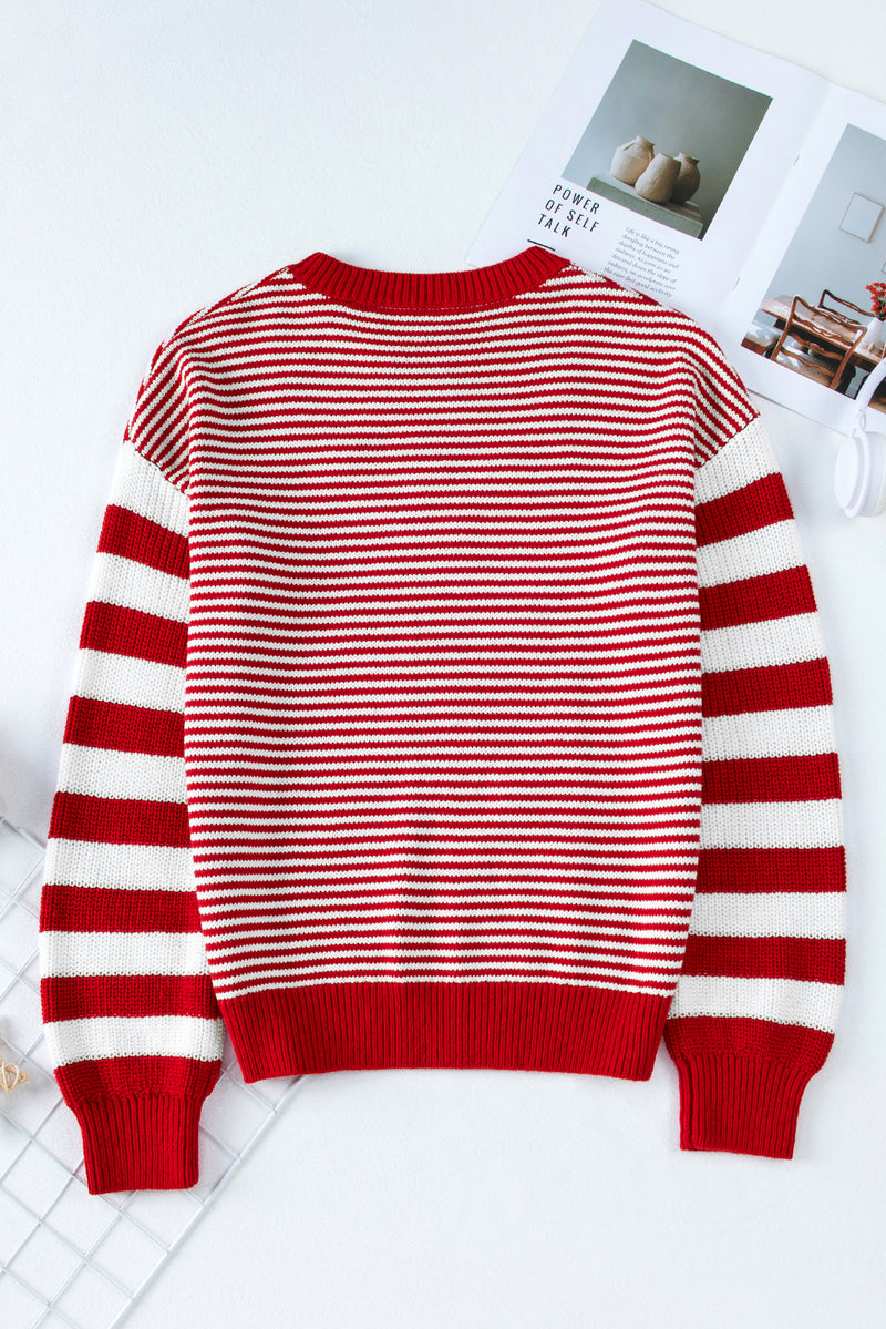 Red Stripe Geometric Textured Drop Shoulder Sweater