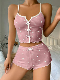 Sleepwear Women Pajamas Set Heart Print Soft Ribbed Fabric with Flirty Frill Trim Casual Cami Top and Shorts Sets Loungewear