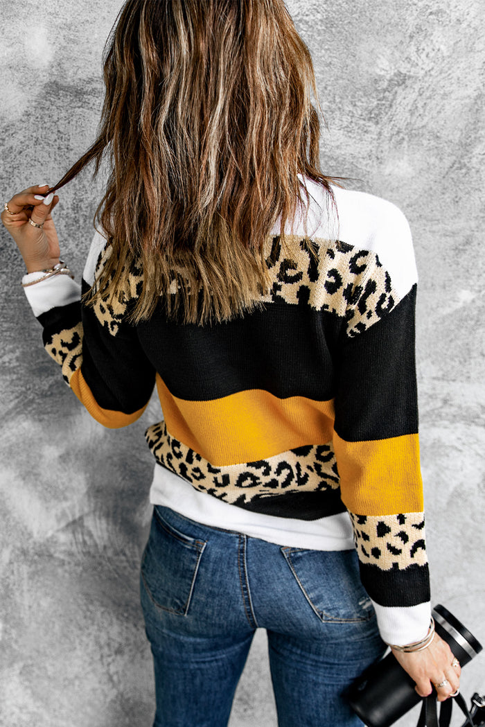 Crewneck Leopard Color Block Knit Pullover Sweater