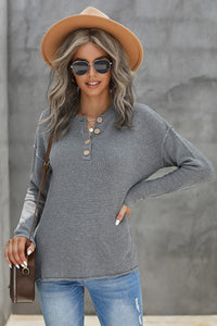 Gray Henley Pullover Drop Shoulder Sweater with Slits