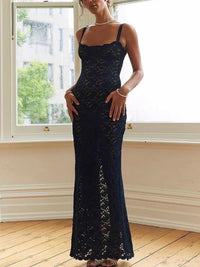 Elegant Lace See Through Maxi Dress Women Summer Sexy Spaghetti Straps Bodycon Wedding Party Dresses 2023 Black Split Long Dress