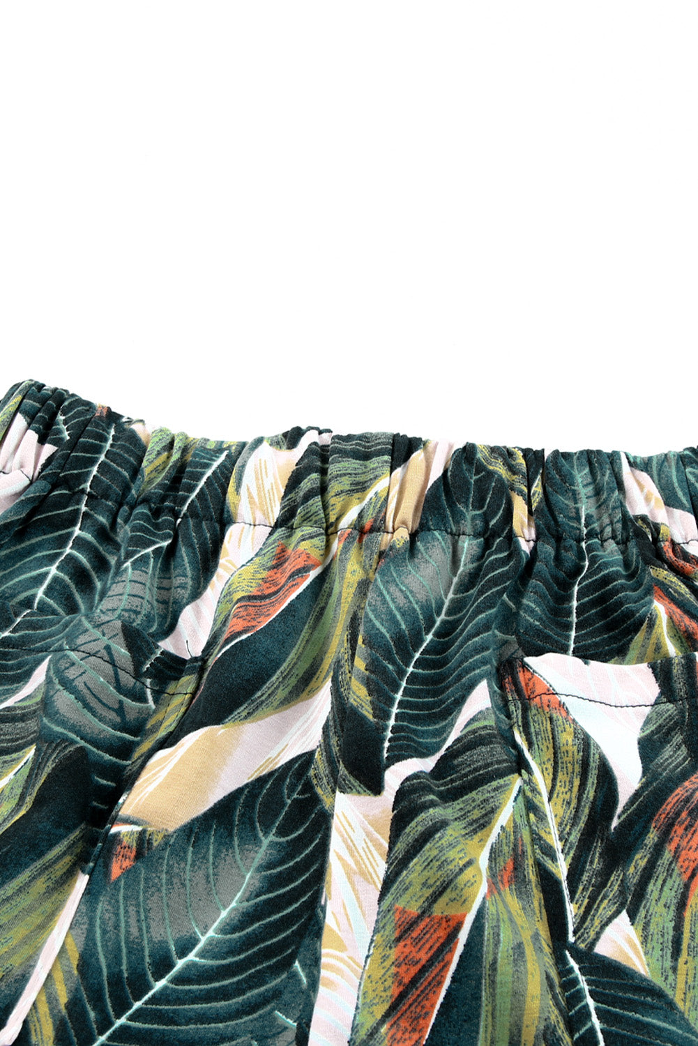 Green Leaves Print Drawstring Casual Elastic Waist Pocketed Shorts