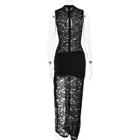 Fantoye Sexy Hollow Out High Slit Lace Women Maxi Dress Black See Through Evening Dress Female Autumn New Elegant Party Clubwear