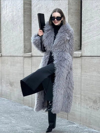 Winter New Women's Plush Faux Fur Overcoat Fashion Long Sleeved Warm Turn-down Collar Cardigan High Street Loose Outerwear 2024