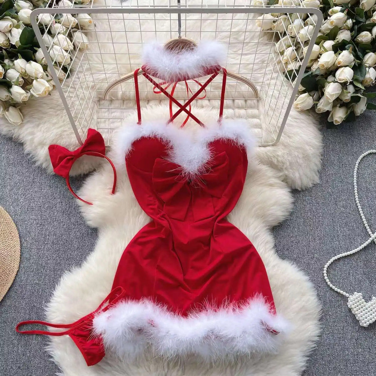 Winter Patchwork Christmas Hotsweet Women's Short Dress Sexy Bodycone Plush Red Dress Cross Strap Halter Neck Erotic Mini Dress