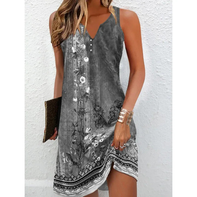 Summer Women's Printed V-Neck Sleeveless Fashion Dress Sexy Flower Mini Dresses Vintage Clothes Vest Ropa Elegant Vestidos 2024