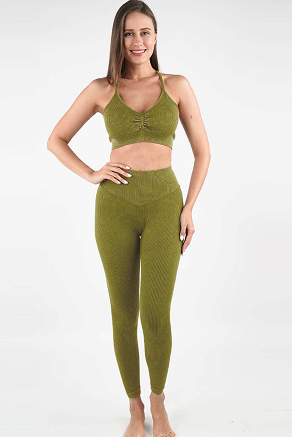 Guacamole Green Seamless Ribbed Spaghetti Straps Bra Leggings Sports Set