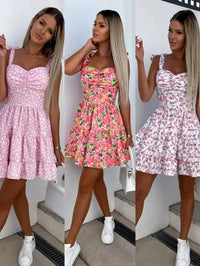 2024 Womens Strappy Short Swing Sun Dresses Ladies Summer Bohemian Floral Print Beach Mini Floral Skater Dress