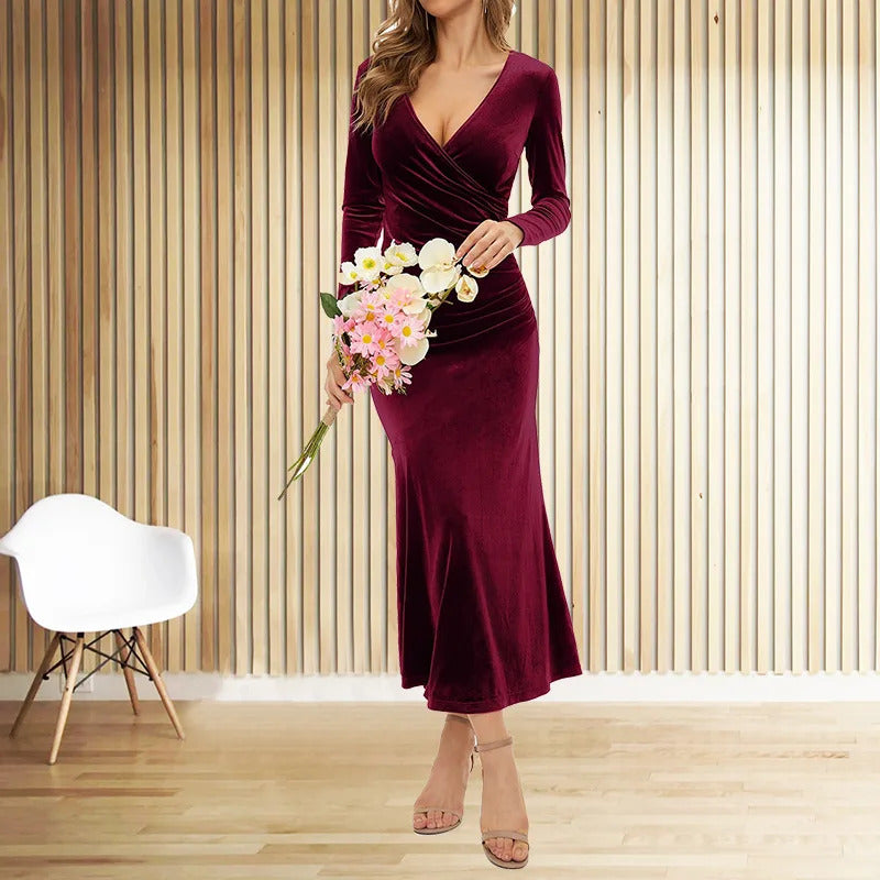 Lady Holiday Christmas Dress Elegant vintage velvet autumn Winter  V-neck long sleeve stretch waist length dress Party Dress