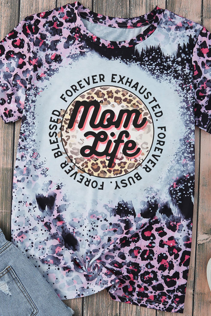 Pink Mom Life Slogan Leopard Bleached Graphic Tee