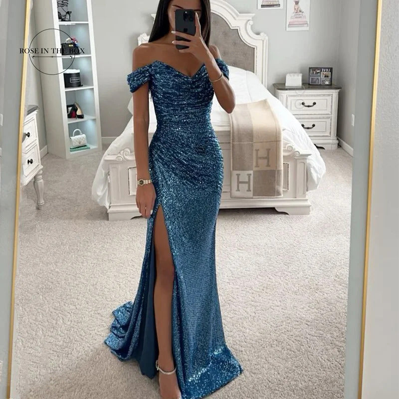 Women Mermaid Champagne Evening Maxi Dresses 2024 Elegant Off-Shoulder Sequin Split Prom Formal Gowns For Party Customized