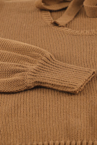 Brown Drop Shoulder Back Cut-out Sweater with Tie