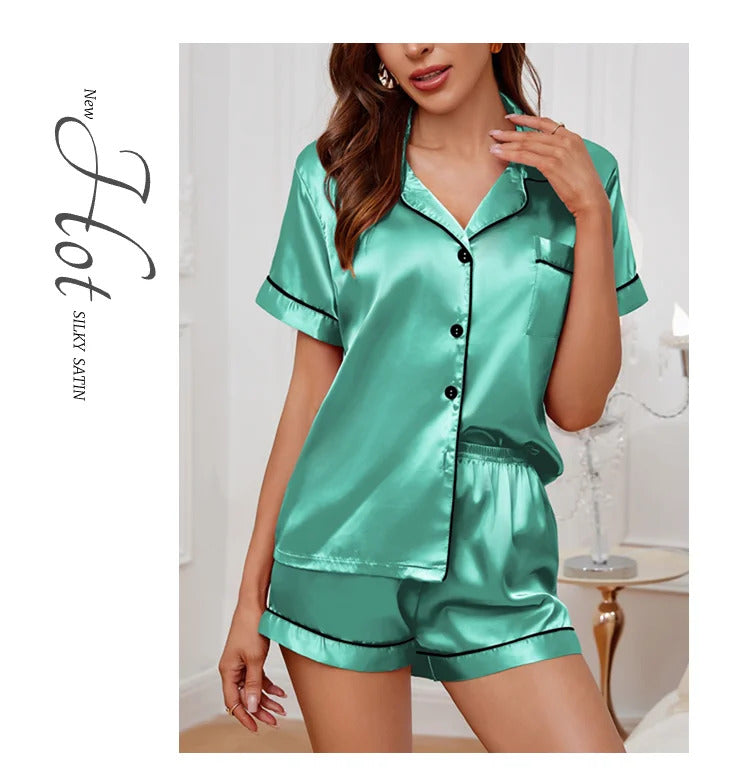 Summer Silk Satin Women Pajamas Set Button Down Top & Shorts 2 Pieces Sleepwear Notched Collar Nightwear Loungewear for Women