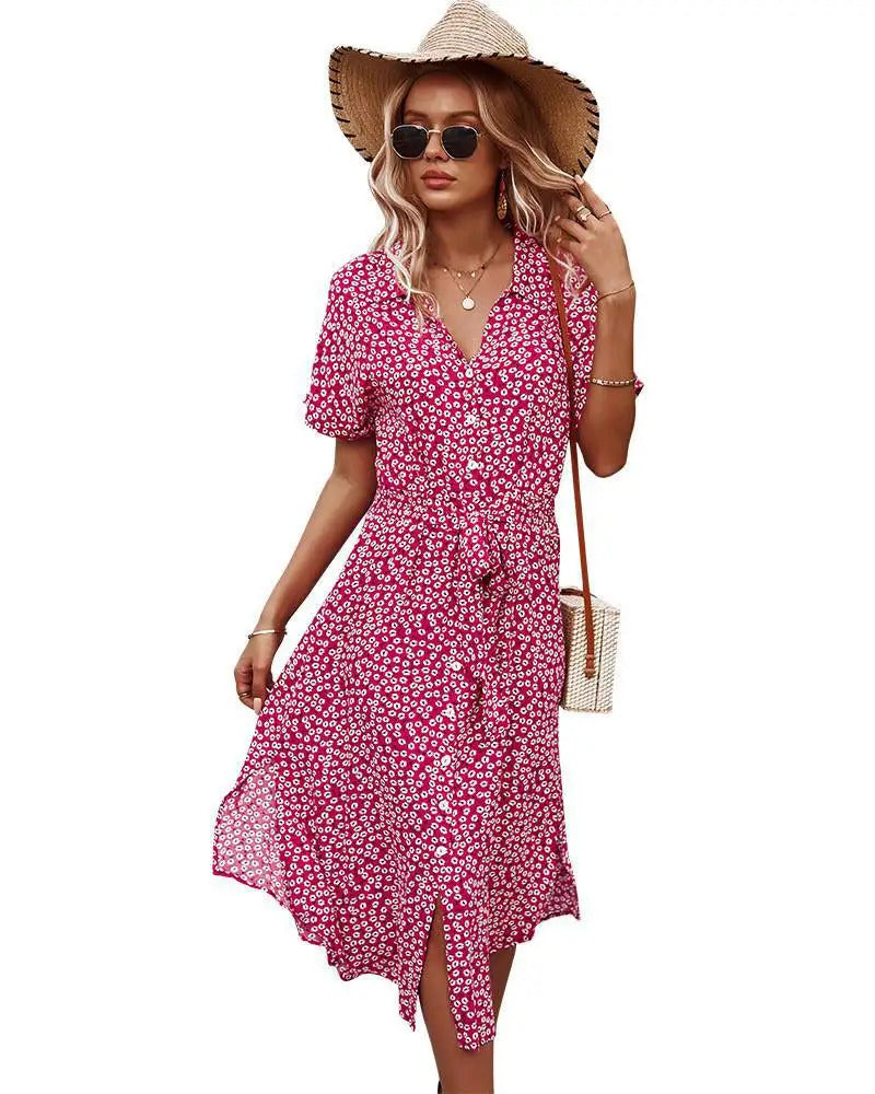 Summer Women Floral Print Dress Casual Short Sleeve Button Holiday Midi Dresses Female V-Neck Beach Boho Chic Dress Elegant Robe