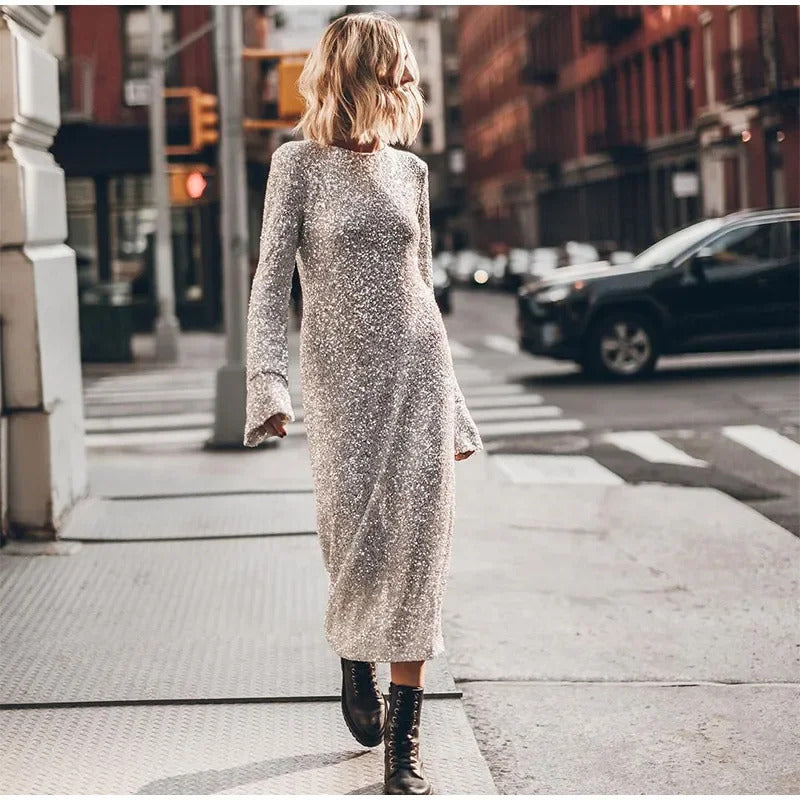 Fashion Sequin Silver Shiny Short Dress Women Elegant O Neck Long Sleeve Dresses 2024 New Autumn Winter Party Gown Solid Vestido