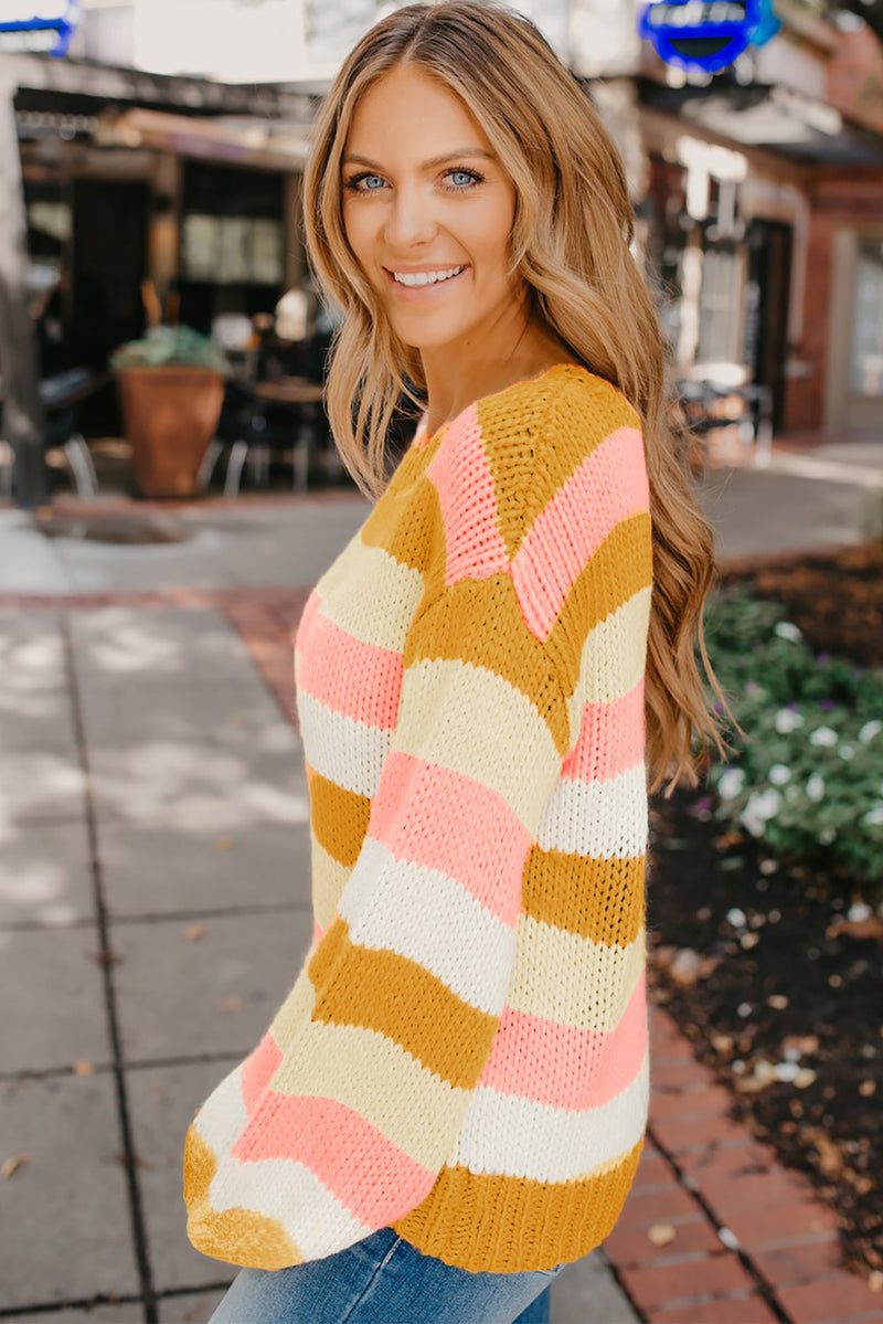 Yellow Striped Puff Sleeve Knitted Pullover Sweater