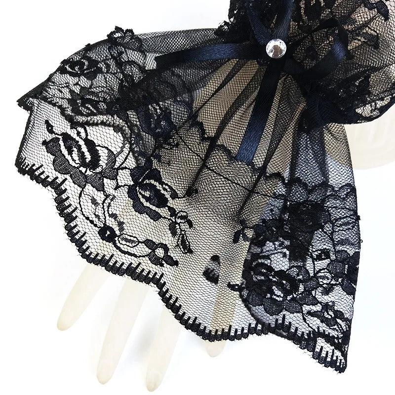 Women Short Arm Sleeves Lace Wrist Cuffs Bracelets Solid Black White Gloves Gothic Fingerless Gloves Bowknot Fashion Glove1