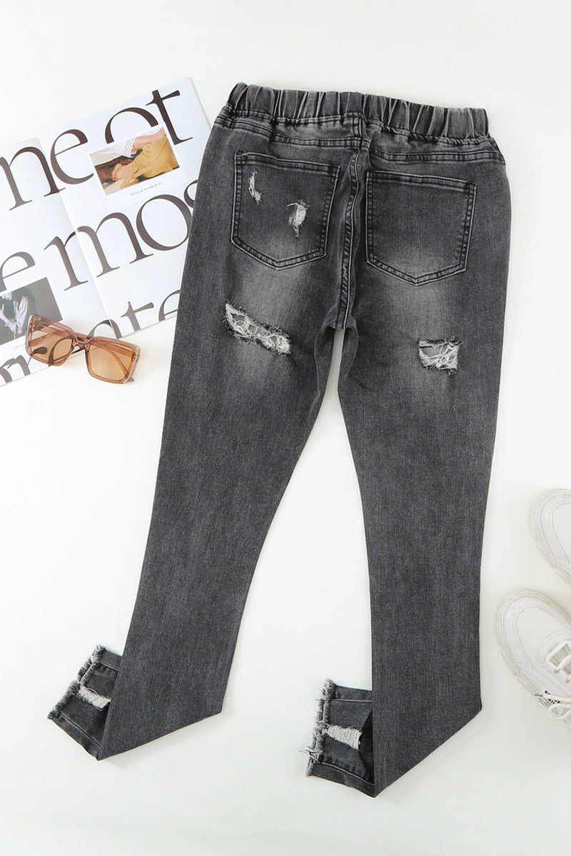 Gray Drawstring Elastic Waist Hole Ripped Jeans