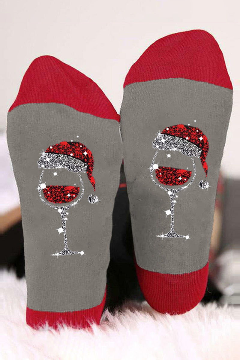 Gray Christmas Champagne Santa Hat Graphic Socks