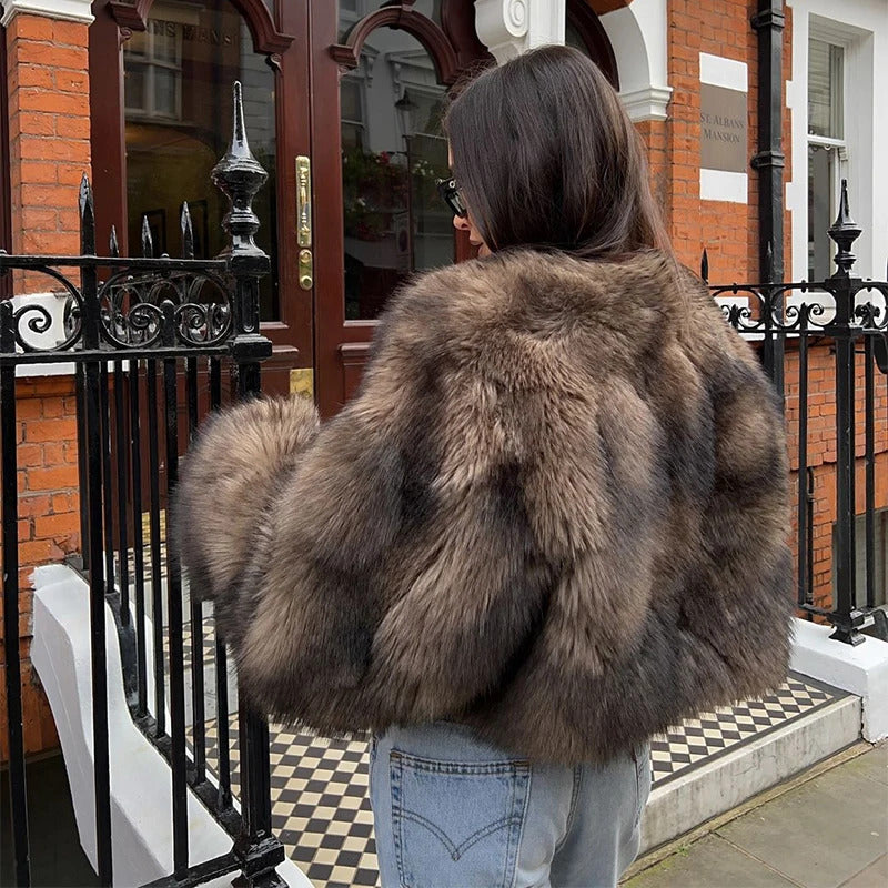 Winter Warm Fluffy Full Sleeved Faux Fur Coat For Woman Elegant Brown Loose Casual Short Jacket 2024 New Lady Commuter Outerwear