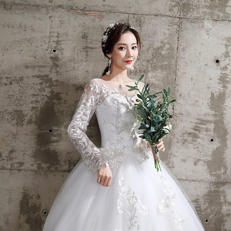 Customized Wedding Dress Style Bride Plus Size Flower Wedding Dresses Dreamy Full-sleeve Bridal Lace Up Dresses Ball Gowns