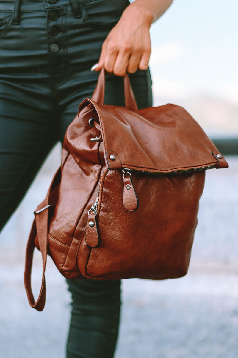 Brown Retro PU Leather Large Capacity Backpack