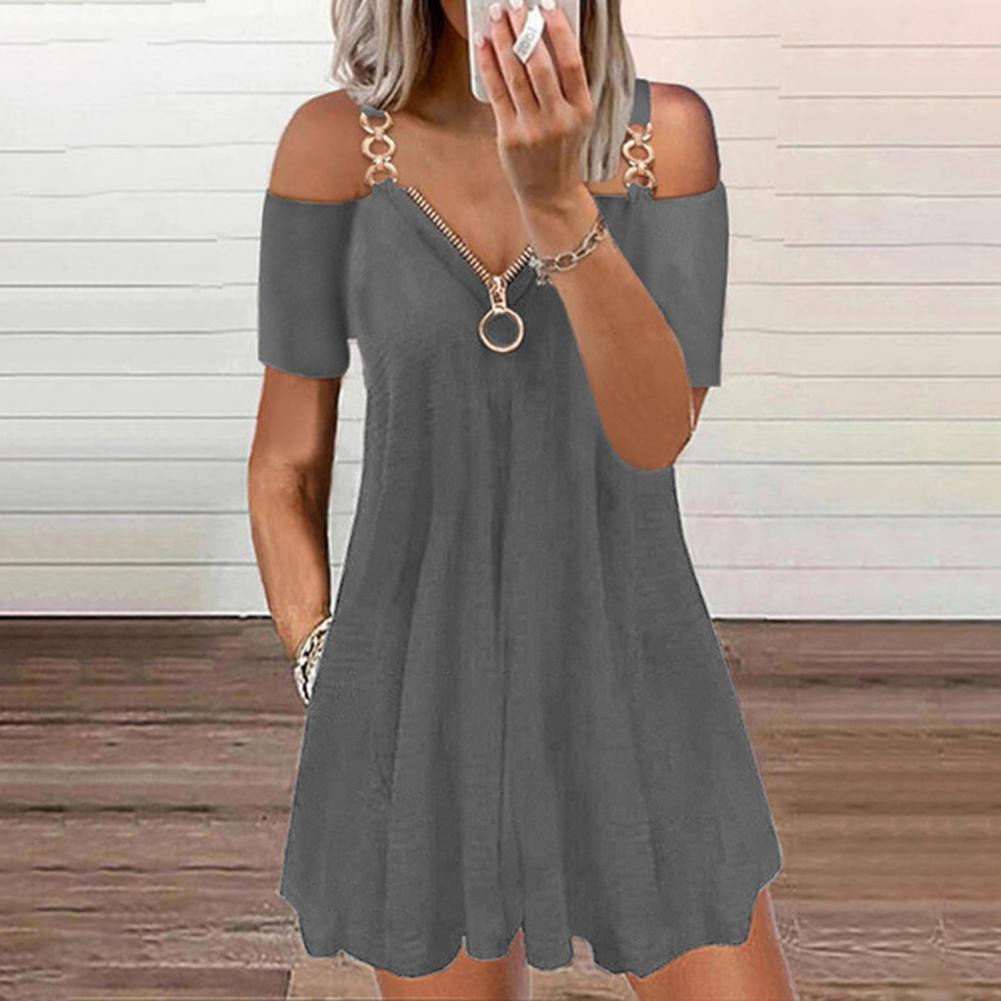 2023 Summer New Fashion Short Sleeve Solid Color Metal Zipper V Neck Casual Loose Mini Dress Loose Plus Size