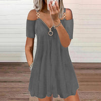 2023 Summer New Fashion Short Sleeve Solid Color Metal Zipper V Neck Casual Loose Mini Dress Loose Plus Size