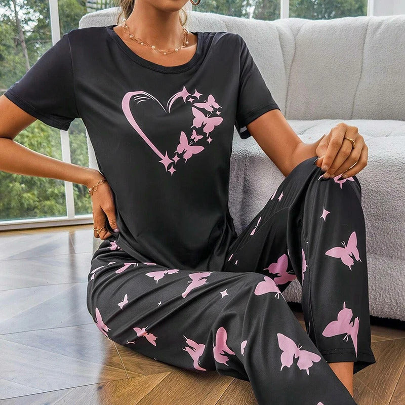 Women's Pajama Set Casual Heart print T-Shirt With Pants Sleepwear Loungewear Nightwear 2 Piece Sets Pijama Pajamas for women