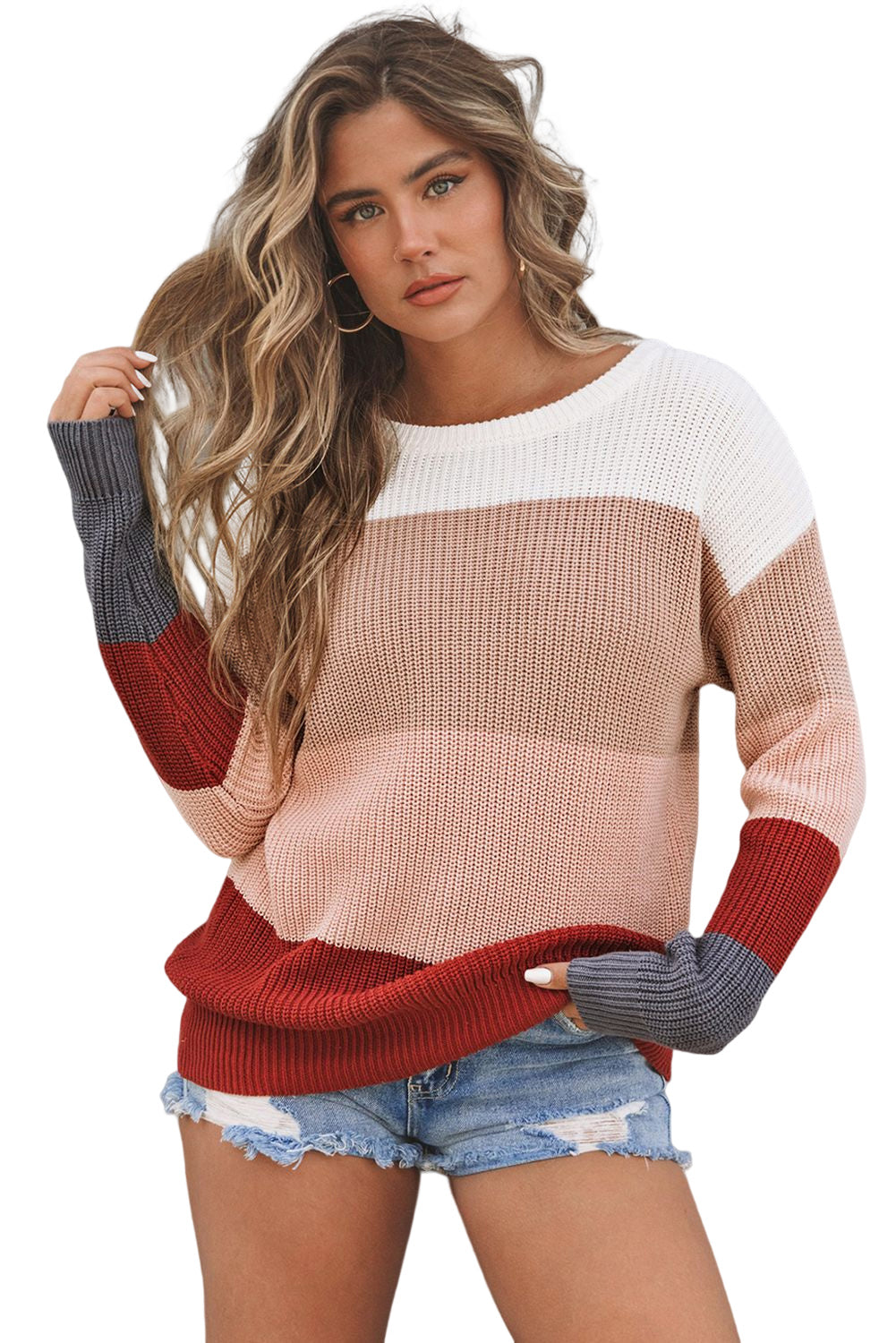 Chestnut Color Block Knitted O-neck Pullover Sweater