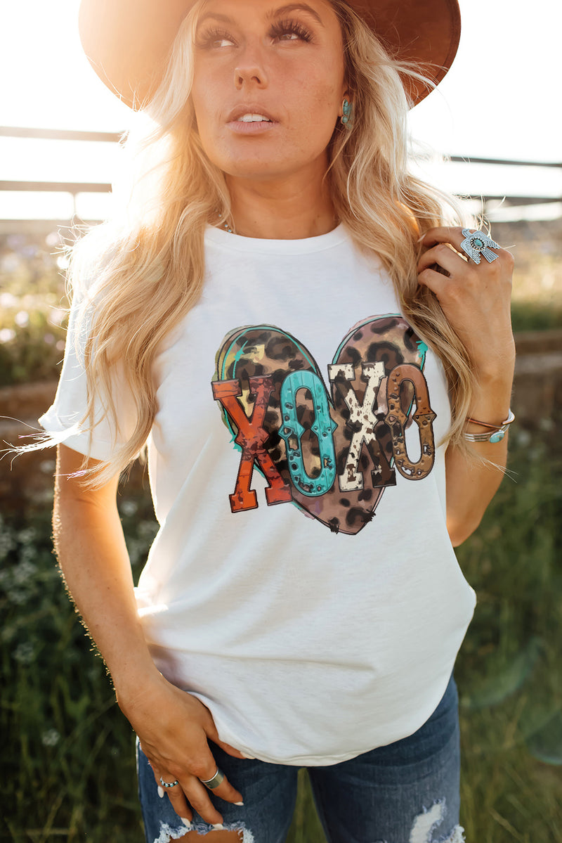 White XOXO Heart Shaped Crew Neck Graphic Tee