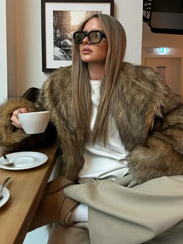 2025 Women Chic Brown Oversized Full Sleeve Plush Furry Jacket Winter Luxury Lapel Thicken Fluffy Fur Coat Lady High Streetwear