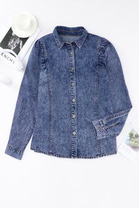 Blue Puff Sleeve Button-Up Denim Jacket