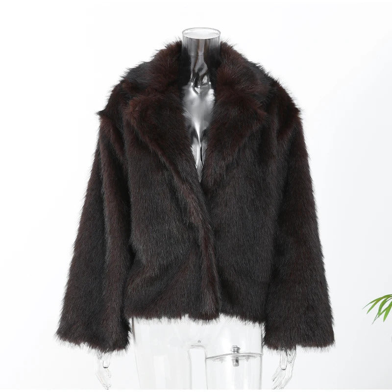 Women Fashion Dark Brown Faux Fur Lapel Jacket Loose Long Sleeve Buttons Cropped Street Coat 2024 New Winter Female Outerwear