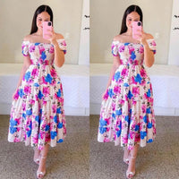 Elegant Women's Off Shoulder Midi Dress 2024 Summer Fashion dresses High Waist Flower Print Short  Sleeve Dress Robe Clothing