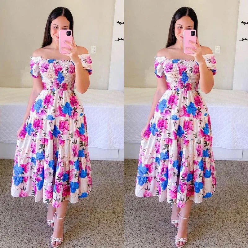 Elegant Women's Off Shoulder Midi Dress 2024 Summer Fashion dresses High Waist Flower Print Short  Sleeve Dress Robe Clothing