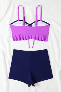 Dark Purple Colorblock Ruffled Drawstring Tie Shorts Bikini