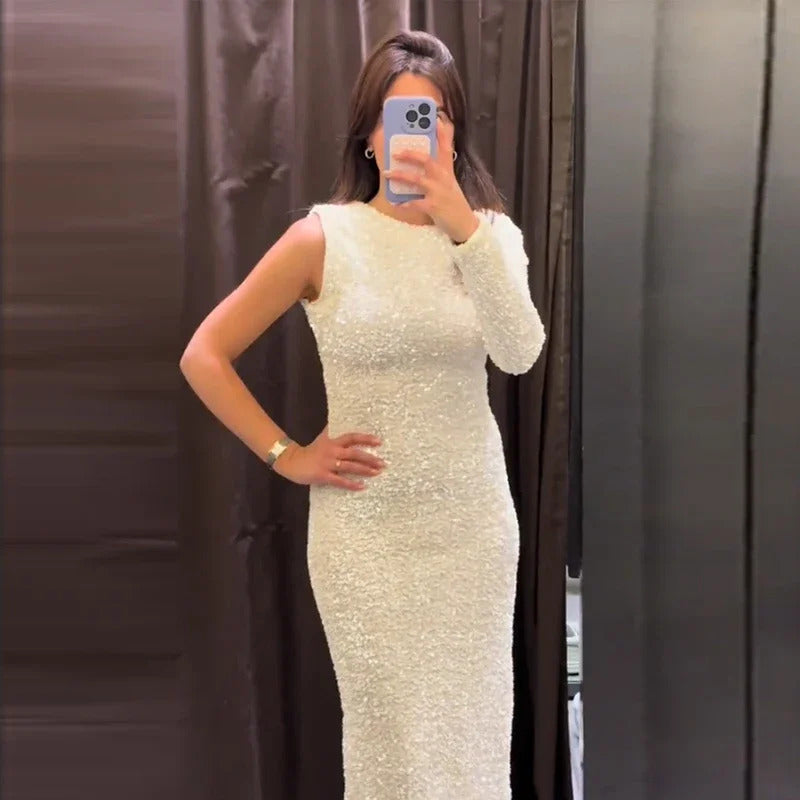 Elegant Solid Sequined Dress Women Detachable Sleeve Cover Glitter Party Dresses Female 2024 Fashion Shining Evening Robe Lady