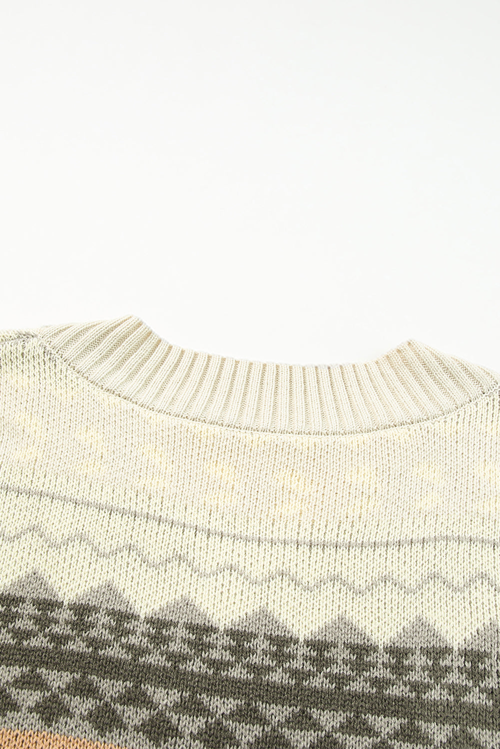 Khaki Geometric Print Ribbed Knitted V Neck Sweater