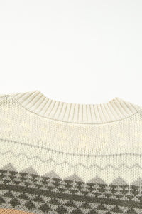 Khaki Geometric Print Ribbed Knitted V Neck Sweater